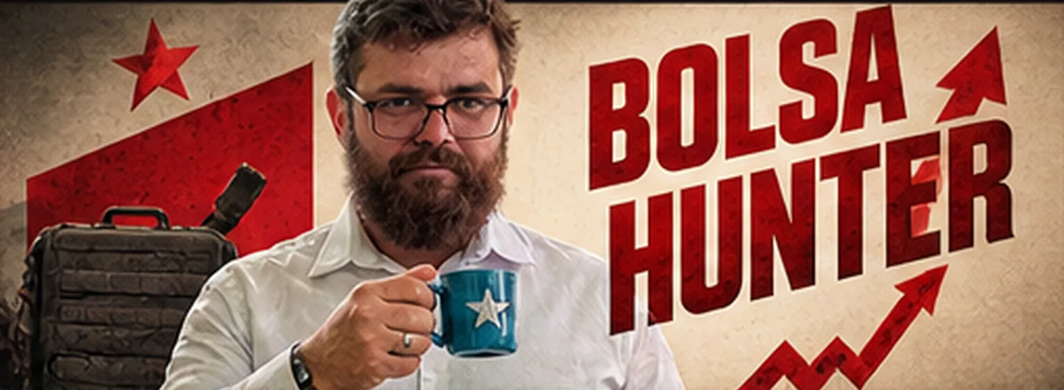 Faixa de campanha: Bolsa Hunter, com Magenta segurando uma caneca de café.