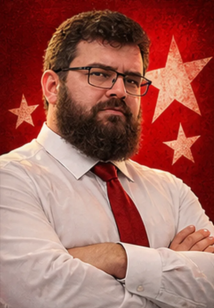 Retrato oficial de Magenta, de braços cruzados, diante de fundo vermelho com estrelas.